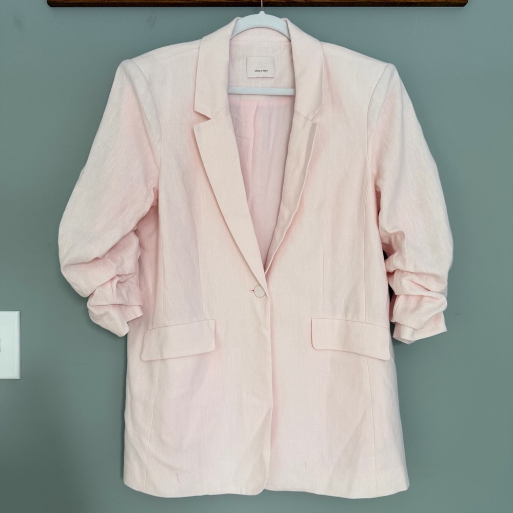 Cinq a Sept "Kylie" Linen Cotton Blend Light Pink Ruched Sleeve Longline Blazer